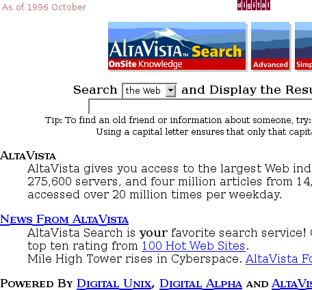 Screenshot of Alta Vista from Digital, 1996 October